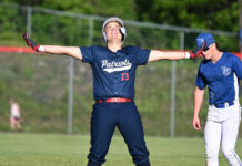 
			
				                                Pittston Areas Jacoby Harnen rejoices after knocking in a run for the Patriots against Lower Dauphin.
                                 Tony Callaio | For Times Leader

			
		