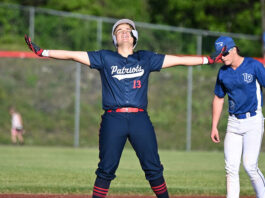 
			
				                                Pittston Areas Jacoby Harnen rejoices after knocking in a run for the Patriots against Lower Dauphin.
                                 Tony Callaio | For Times Leader

			
		