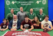 Wyoming Area’s Ben Gravine commits to Susquehanna University
State track and field medalist Ben Gravine from Wyoming Area is committed to continuing his career in the sport while attending Susquehanna University. From left, first row: Noah Gravine, brother; Richard Gravine, father; Ben Gravine; Sara Gravine, mother; and Jack Gravine. Second row: Mike Fanti, Wyoming Area throwing coach; Dr. Jon Pollard, superintendent; Joe Pizano, head track coach and athletic director; and Randy Spencer, Gravines head football coach.
Submitted Photo