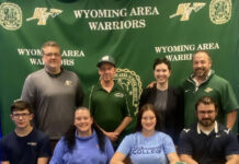 Wyoming Area’s Gianna Chapman commits to Lackawanna College
Wyoming Areas Gianna Chapman recently committed to continue her academic and athletic careers at Lackawanna College as a wrestler. From left, first row: Alexzander Chapman, brother; Keri Chapman, mother; Giavonna Chapman; Mark Chapman, father. Second row: Wyoming Area Superintendent Jon Pollard, Coach Steve Mytych, Coach Gia Larson, and Athletic Director Joe Pizano.
Submitted Photo