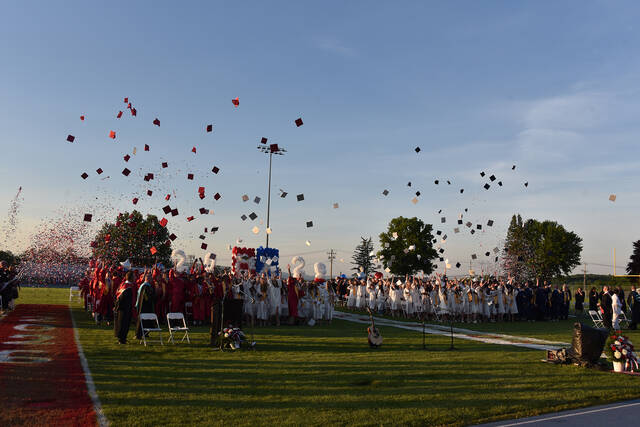 132406913_web1_PA-Graduation-01
Members of the Pittston Area High School Class of 2026 toss their caps in the air at the conclusion of the commencement ceremony on Friday, June 5.
Liz Baumeister | Sunday Dispatch