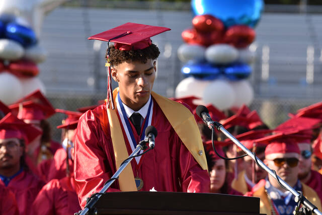 <p>Class President Terry Rogers gives the welcome/senior remarks during Pittston Area High School’s 2026 commencement ceremony on Friday, June 5.</p>
<p>Liz Baumeister | Sunday Dispatch</p>