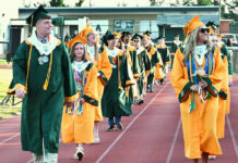 Wyoming Area Class of 2026 graduates
Wyoming Area Class of 2026 officers President Max Getzie, front left, and Vice President Mea Knepper lead the class around the stadium track looking into the stands for family members Friday evening.
Tony Callaio | For Times Leader