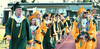 
			
				                                Wyoming Area Class of 2026 officers President Max Getzie, front left, and Vice President Mea Knepper lead the class around the stadium track looking into the stands for family members Friday evening. 
                                 Tony Callaio | For Times Leader

			
		