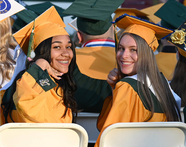 <p>During the Wyoming Area Class of 2026, Italy James, left, and Nerissa Hurrey-Satkowski, take a minute to pose for the photo.</p>
<p>Tony Callaio | For Times Leader</p>