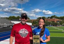 Gashi excels in all-star meet
Wyoming Areas Taylor Gashi receives the Girls Field Athlete of the Meet award from North Pocono coach Jason Sepkowski.
Submitted Photo