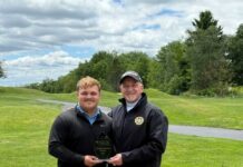Pittston Area’s Gruber wins amateur title in Lackawanna County golf tournament
Noah Gruber receives the Amateur Division trophy from tournament director and Lackawanna County Director of Community Relations Mark Cordelli.
Submitted Photo