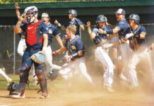 Pittston Area baseball’s run ends with walk-off loss in PIAA Class 5A quarterfinals
Pittston Area catcher Jacoby Harnen removes his mask as Greencastle-Antrim players react to the winning run crossing the plate in the bottom of the seventh.
Fred Adams | For Sunday Dispatch
