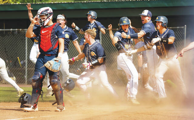 132407132_web1_pit_ga1_faa
Pittston Area catcher Jacoby Harnen removes his mask as Greencastle-Antrim players react to the winning run crossing the plate in the bottom of the seventh.
Fred Adams | For Sunday Dispatch
