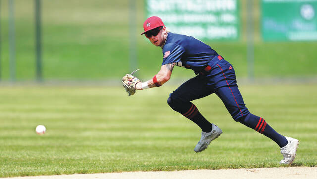 <p>Pittston Area shortstop Beau Widdick ranges far to his right to try and track down a ball hit by Greencastle-Antrim’s Nolan Sullivan in the first inning.</p>
<p>Fred Adams | For Sunday Dispatch</p>