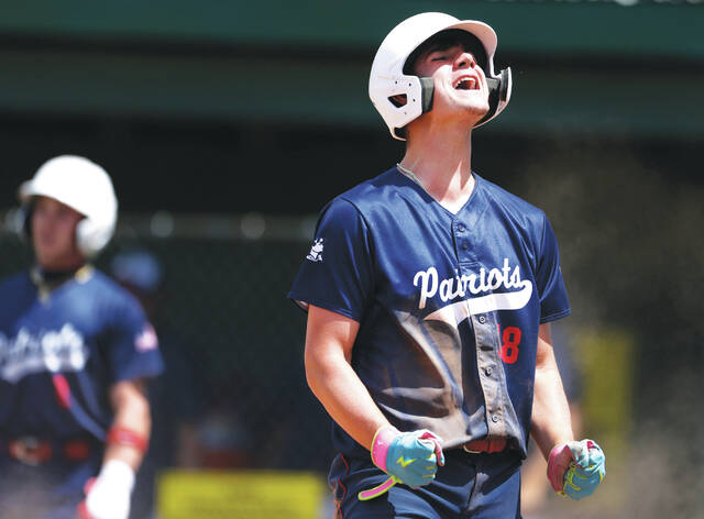 <p>Pittston Area’s Alex Rosencrance reacts to scoring the Patriots’ first run in a four-run second inning.</p>
<p>Fred Adams | For Sunday Dispatch</p>