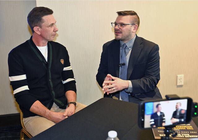 <p>Luzerne County Sports Hall of Fame Director of Public Relations Matt Bufano, right, set up his cellphone to record interviewing 2026 Hall of Fame inductee Bob Sura prior to the ceremony. Tony Callaio | For Sunday Dispatch</p>
<p>Tony Callaio | For Sunday Dispatch</p>