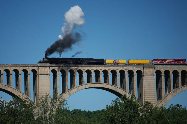 <p>The steam locomotive Union Pacific’s Big Boy No. 4014 travels along the Tunkhannock Creek Viaduct in Nicholson on Saturday.</p>
<p>AP Photo</p>