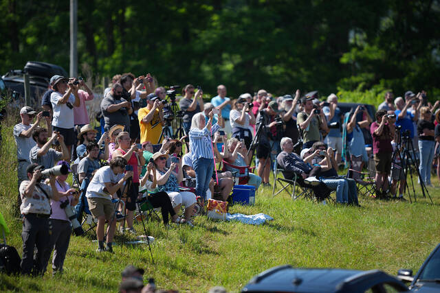 <p>People gather to see the steam locomotive Union Pacific’s Big Boy No. 4014 travel across the Tunkhannock Creek Viaduct in Nicholson on Saturday, as part of a coast-to-coast tour to celebrate America’s 250th anniversary.</p>
<p>AP Photo</p>
