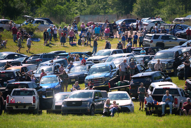 <p>People gather to see the steam locomotive Union Pacific’s Big Boy No. 4014, on the Tunkhannock Creek Viaduct in Nicholson on Saturday, as part of a coast-to-coast tour to celebrate America’s 250th anniversary.</p>
<p>AP Photo</p>