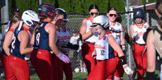 
			
				                                GPAs Emilia Steele (12) pounces on home plate after smacking a two-run homer over the left field fence against GWA on Friday night.
                                 Tony Callaio | For Times Leader

			
		