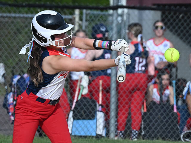 <p>GPA’s Ava Basile (4) lays down a bunt, advancing teammate Celeste Fediw against GWA on Friday.</p>
<p>Tony Callaio | For Times Leader</p>