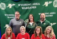 Wyoming Area’s Sara Pealer commits to King’s College
Wyoming Areas Sara Pealer committed to continue her academic and athletic careers as a volleyball player at Kings College. From left, first row: Gwyn Pealer, Sara Pealer, Melissa Pealer, and Lydia Pealer. Second row: Jon Pollard, Wyoming Area superintendent; Sara Mazzitelli, head coach; and Joe Pizano, athletic director.
Submitted Photo