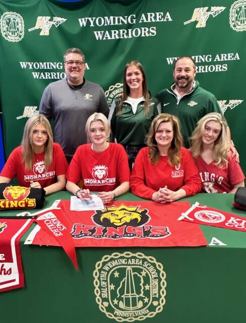 132440906_web1_IMG_1300
Wyoming Areas Sara Pealer committed to continue her academic and athletic careers as a volleyball player at Kings College. From left, first row: Gwyn Pealer, Sara Pealer, Melissa Pealer, and Lydia Pealer. Second row: Jon Pollard, Wyoming Area superintendent; Sara Mazzitelli, head coach; and Joe Pizano, athletic director.
Submitted Photo