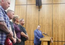 Stanley Fiedorczyk confirmed as new Luzerne County Correctional Services Division overseer
Stanley Fiedorczyk, who was confirmed as Luzerne Countys Correctional Services Division Head Tuesday, approached the podium during the council meeting to commend members of the county Corrections Honor Guard (standing in the front row) for their recent participation a wreath ceremony at the Tomb of the Unknown Soldier in Arlington National Cemetery in Arlington, Virginia. Councilman Steve Coslett, a prior county correctional officer seated at right, also was part of the wreath ceremony in his last act before retiring from the honor guard.
Jennifer Learn-Andes | Times Leader