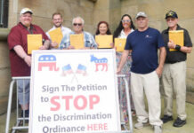 Citizens submit 1,899 signatures in quest to overturn Luzerne County’s new anti-discrimination ordinance
Citizens gather for a photo outside Luzerne Countys Courthouse in Wilkes-Barre on Tuesday before filing signatures as part of an effort to overturn the countys new anti-discrimination ordinance.
From left are: Cory J. Dunn, Hanover Township; Tyler Meyers, Sugar Notch; Walter Griffith, Luzerne; Alyssa Fusaro, Luzerne; Denise Jacobs, Kingston; Joe Granteed, Plains Township; and Tom Potsko, Hanover Township.
Jennifer Learn-Andes | Times Leader