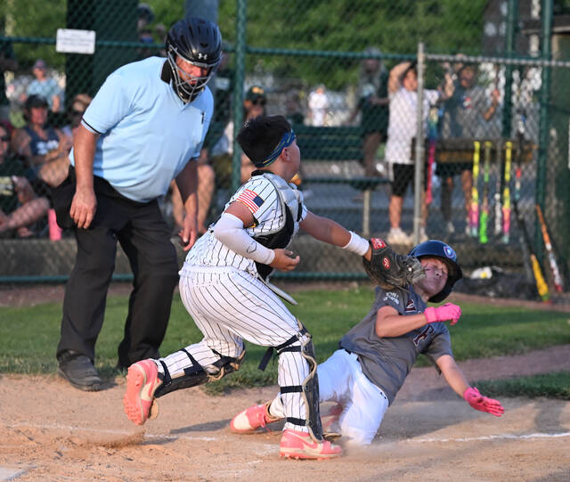 <p>GWA catcher Elijah Jackson puts the tag on KFF’s Ethan Puello at home plate for an out.</p>
<p>Tony Callaio | For Sunday Dispatch</p>