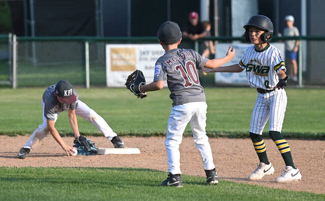 <p>GWA base runner Aiden Felker (right) questions the call of interference after running into KFF 2nd baseman Rocco McGeer (10) on Tuesday night.</p>
<p>Tony Callaio | For Sunday Dispatch</p>