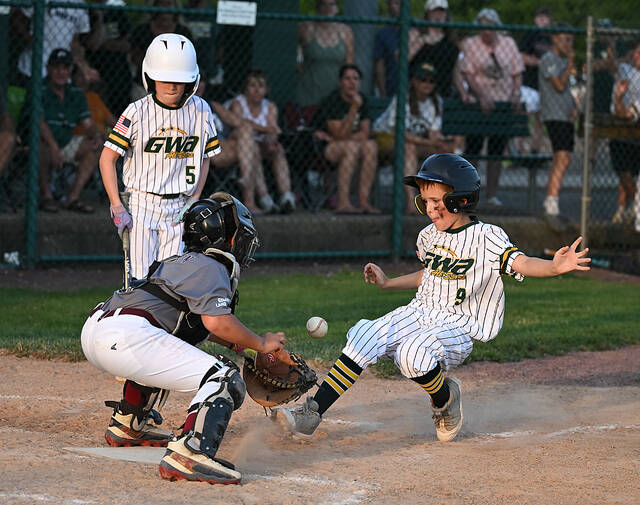 <p>GWA’s Mark Kondraski (9) stole home for the winning run in 8-innings against KFF at West Pittston Little League on Tuesday night.</p>
<p>Tony Callaio | For Sunday Dispatch</p>