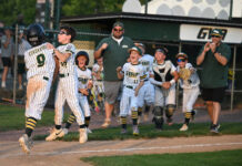 GWA Minors All-Stars edge Kingston/Forty Fort in extra innings
Mark Kondraski (9) is greated by Gavin Shandra ( 22) and the rest of the GWA team after Kondraski stole home for the winning run against KFF in 8-innings at West Pittston Little League on Tuesday night.
Tony Callaio | For Sunday Dispatch