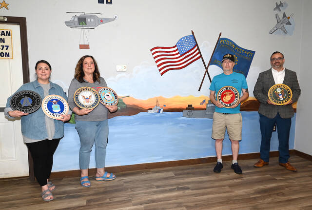 132472036_web1_Pittston-Am.-Legion-Mural-1
Members of the Pittston Arts Council recently painted a mural at the Pittston American Legion Post 477. From left: Liz Baldassari, artist and Arts Council member; Judy Greenwald, Arts Council president; Jerry Klush, Pittston City American Legion Post 477 commander; Leo Russo, director of outreach for Rep. Bresnehans office. Absent from photo: Mary Narvid, mural artist and Arts Council member.
Tony Callaio | For Sunday Dispatch