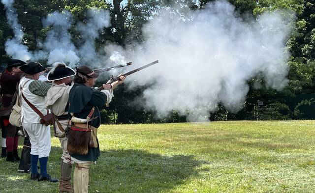 132472617_web1_24th-Connecticut-Militia-Regiment
The 24th Connecticut Militia Regiment fires a volley tribute at the end of the 148th annual commemorative service of the Battle and Massacre of Wyoming on Saturday.
Marcella Kester | For Sunday Dispatch