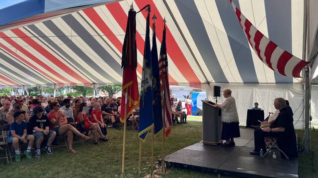 <p>Wyoming Monument Association President Marcella Star addresses the crowd during her opening remarks at Saturday’s event.</p>
<p>Marcella Kester | For Sunday Dispatch</p>